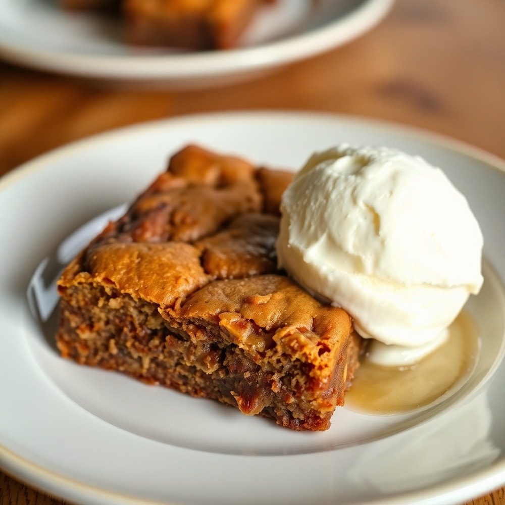 Plated banana bread brownies with a scoop of vanilla ice cream