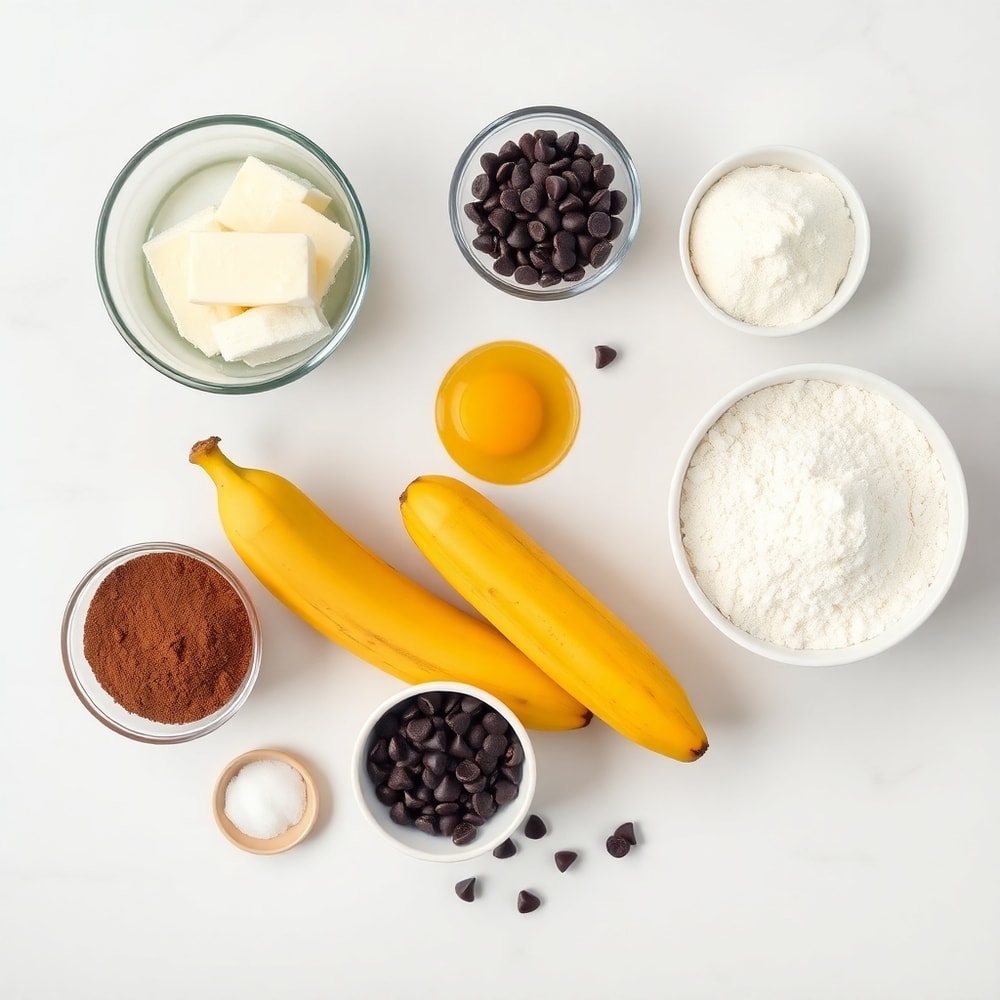 Banana, eggs, sugar, flour, chocolate chips, and other ingredients for banana bread brownies