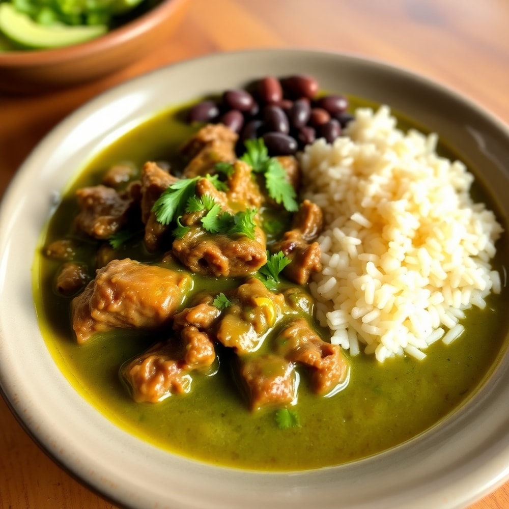 Plated Beef Chile Verde with a side of rice and beans, garnished with fresh cilantro