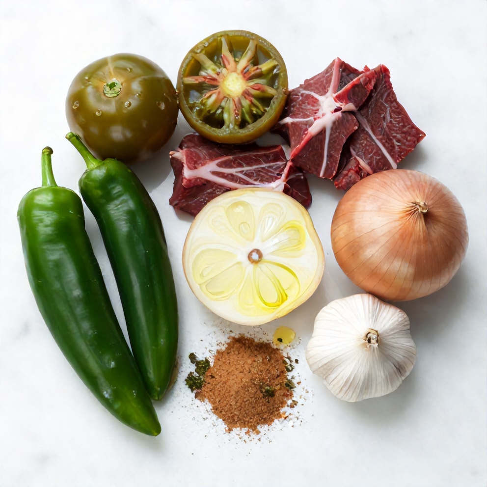 Raw ingredients for Beef Chile Verde: beef, green chiles, onions, garlic, cumin, and oregano