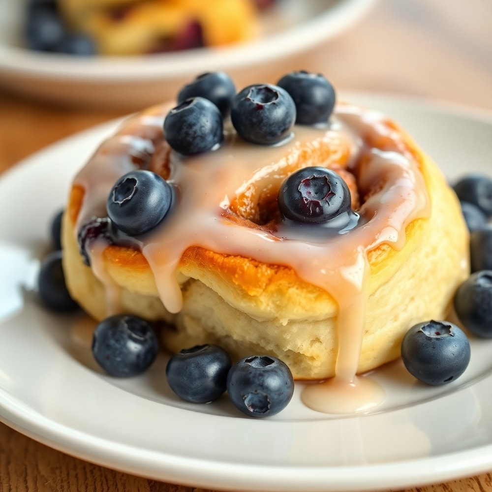 Blueberry cinnamon rolls with glaze and fresh blueberries on a serving plate