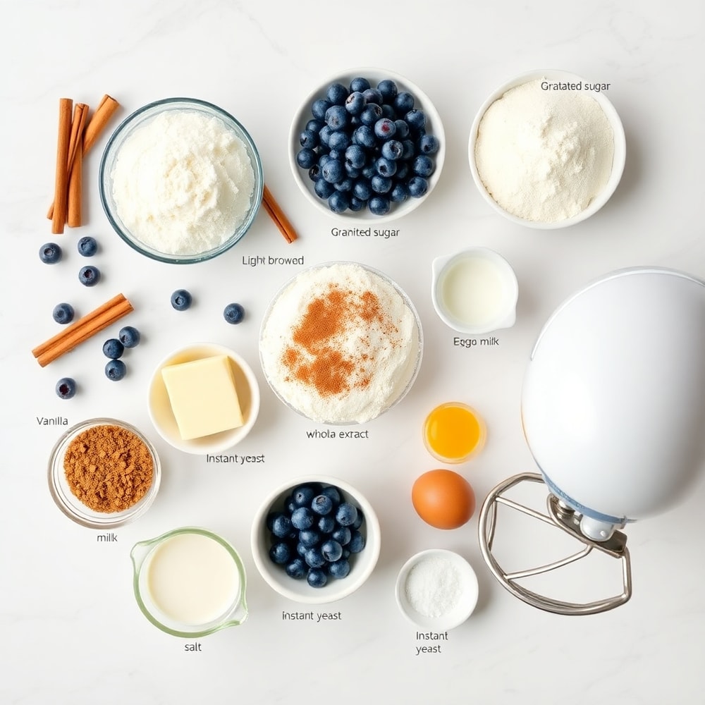 Blueberries, cinnamon, flour, and other ingredients for blueberry cinnamon rolls