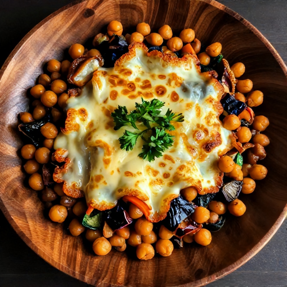 Plated roasted veggie and chickpea bowl with crispy edges and melted cheese