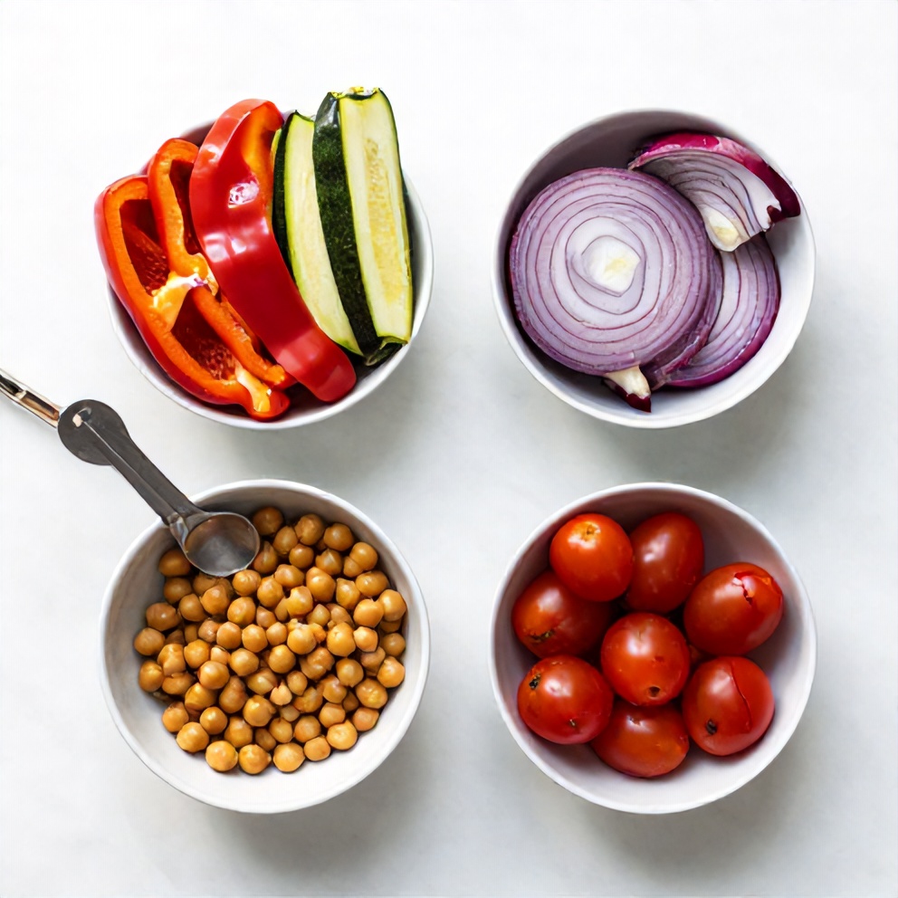 Raw ingredients for roasted veggie and chickpea bowl: bell peppers, zucchini, red onion, chickpeas, and cherry tomatoes