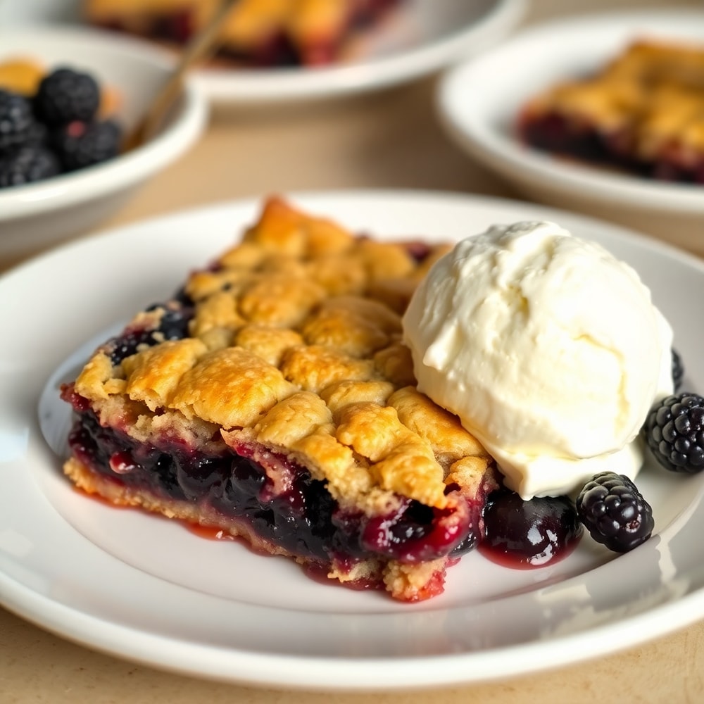 Blackberry Cobbler Bars on a plate with a scoop of vanilla ice cream