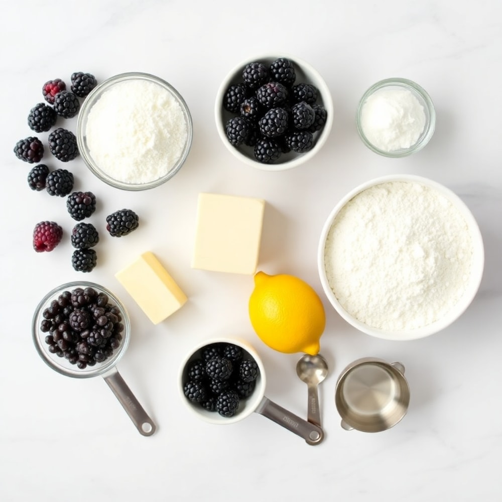 Blackberries, flour, sugar, butter, and other ingredients for Blackberry Cobbler Bars