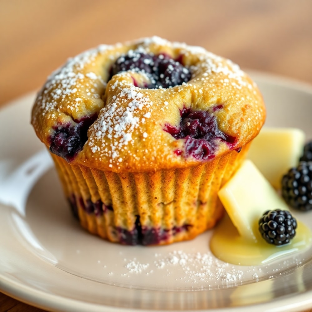 Plated Blackberry Muffin with melted butter and a sprinkle of sugar