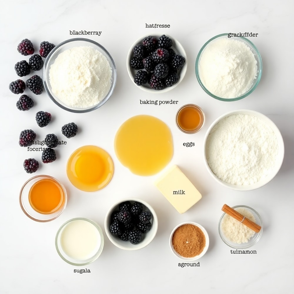 Raw ingredients for Blackberry Muffins including blackberries, flour, and sugar