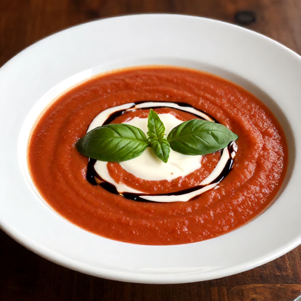 Chilled Roasted Tomato Basil Soup with Coconut Cream