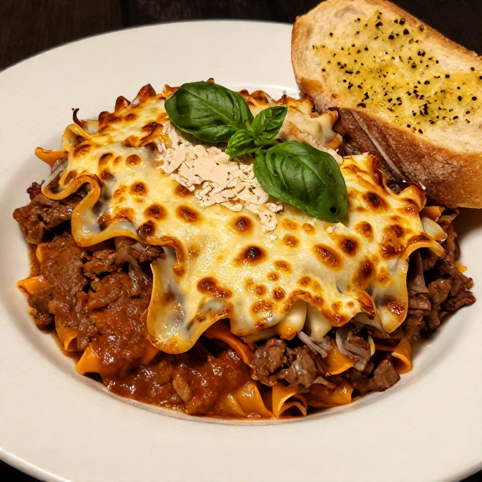 Plated Classic Bolognese Sauce with Gigli Pasta dinner with a side of garlic bread