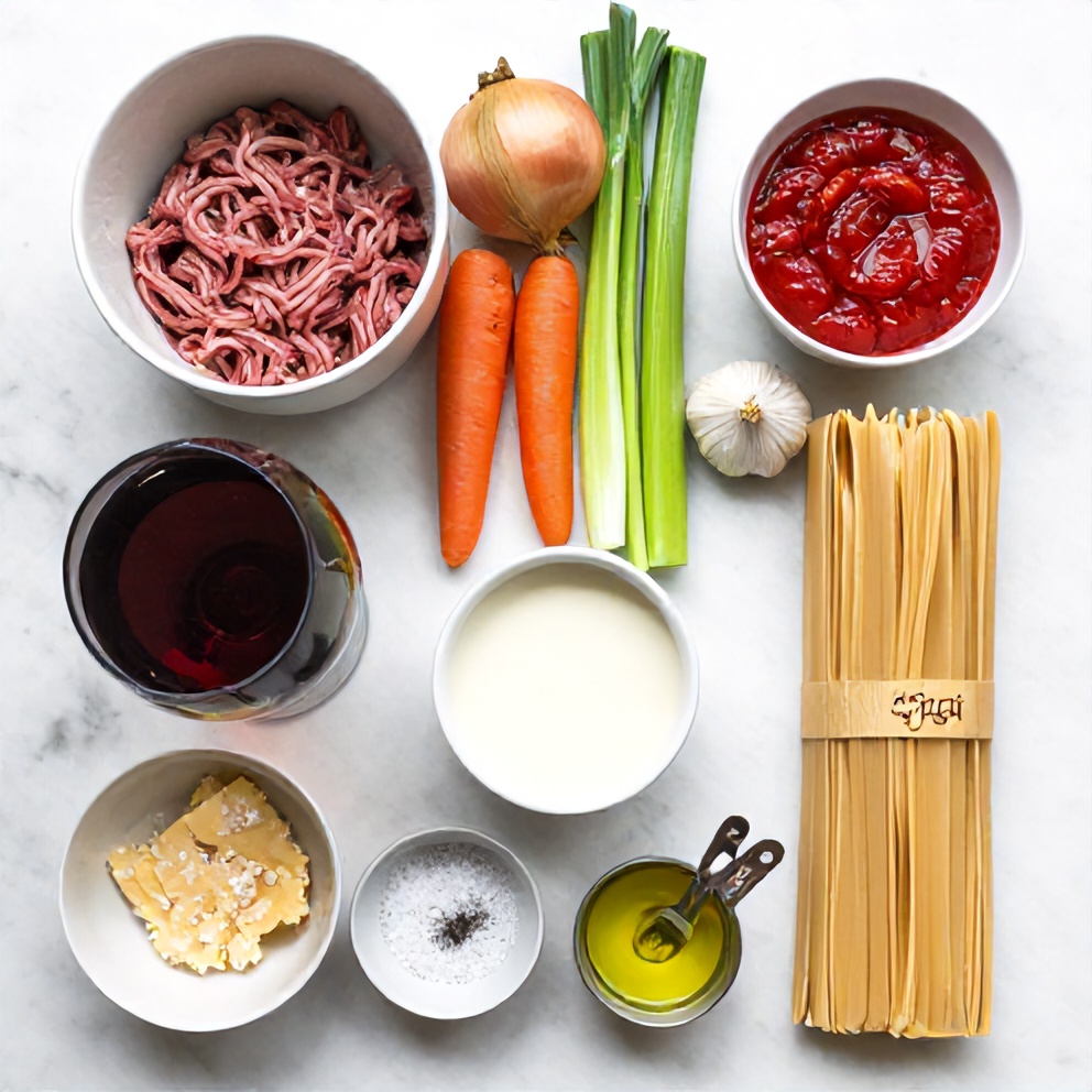 Raw ingredients for Classic Bolognese Sauce with Gigli Pasta arranged on a wooden surface
