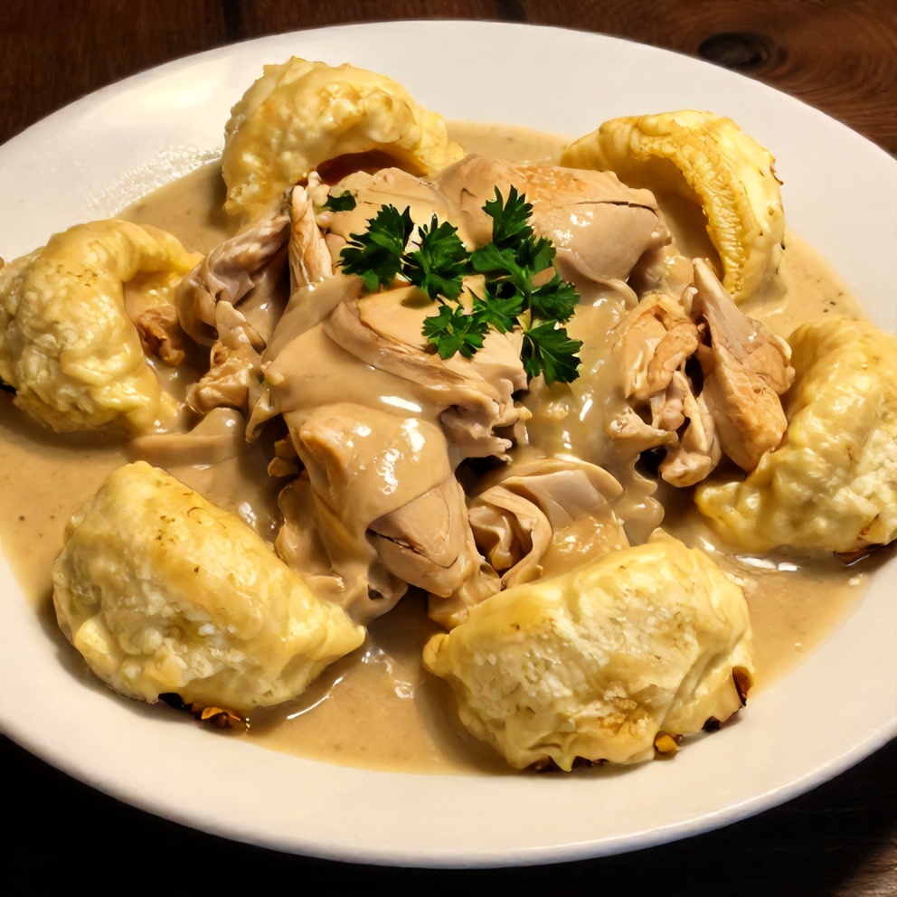 Plated serving of Classic Chicken and Dumplings with parsley garnish