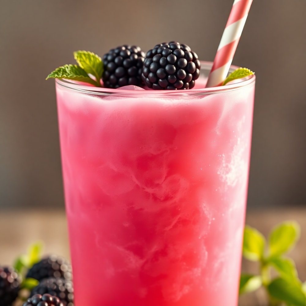 Blackberry Coconut Pink Drink garnished with fresh blackberries and a straw