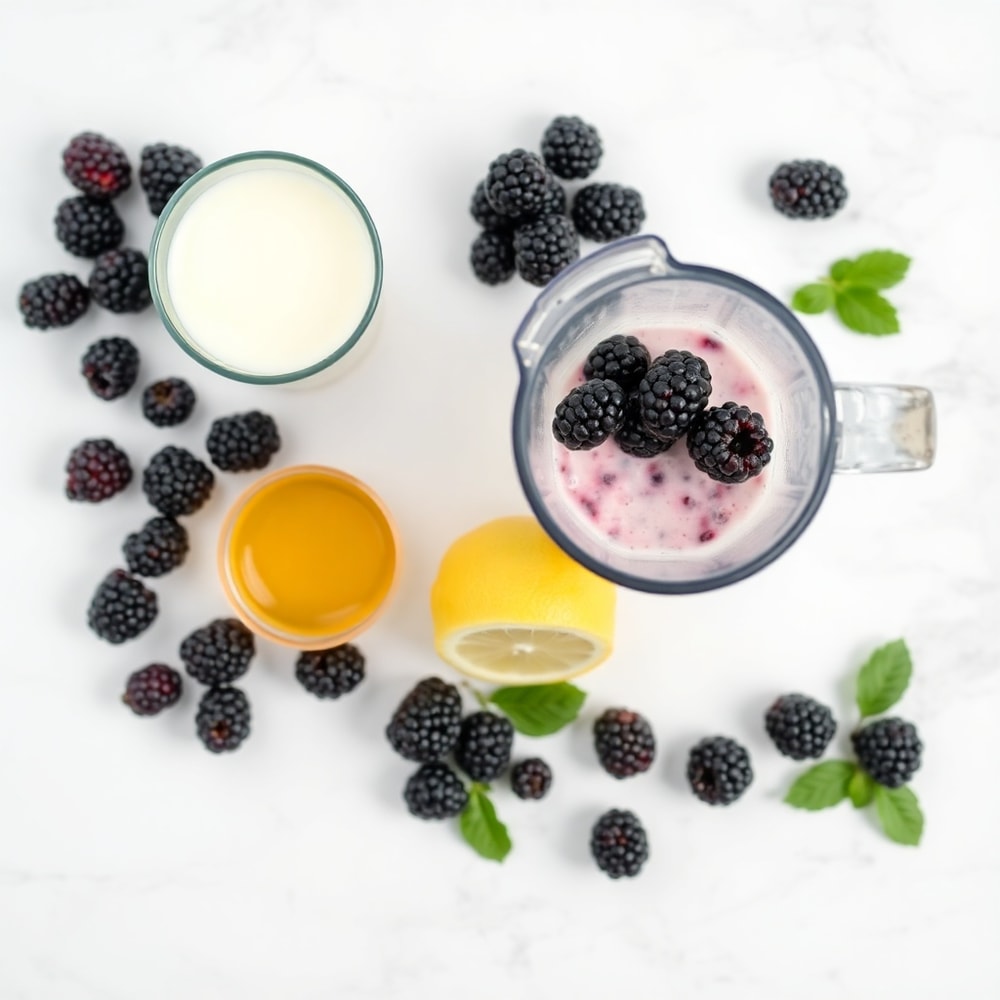 Raw ingredients for Blackberry Coconut Pink Drink on a wooden surface