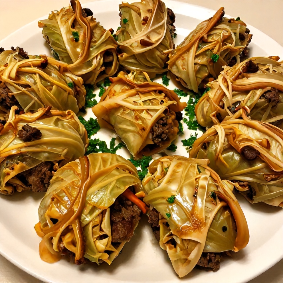 Plated serving of cabbage rolls with sausage and beef