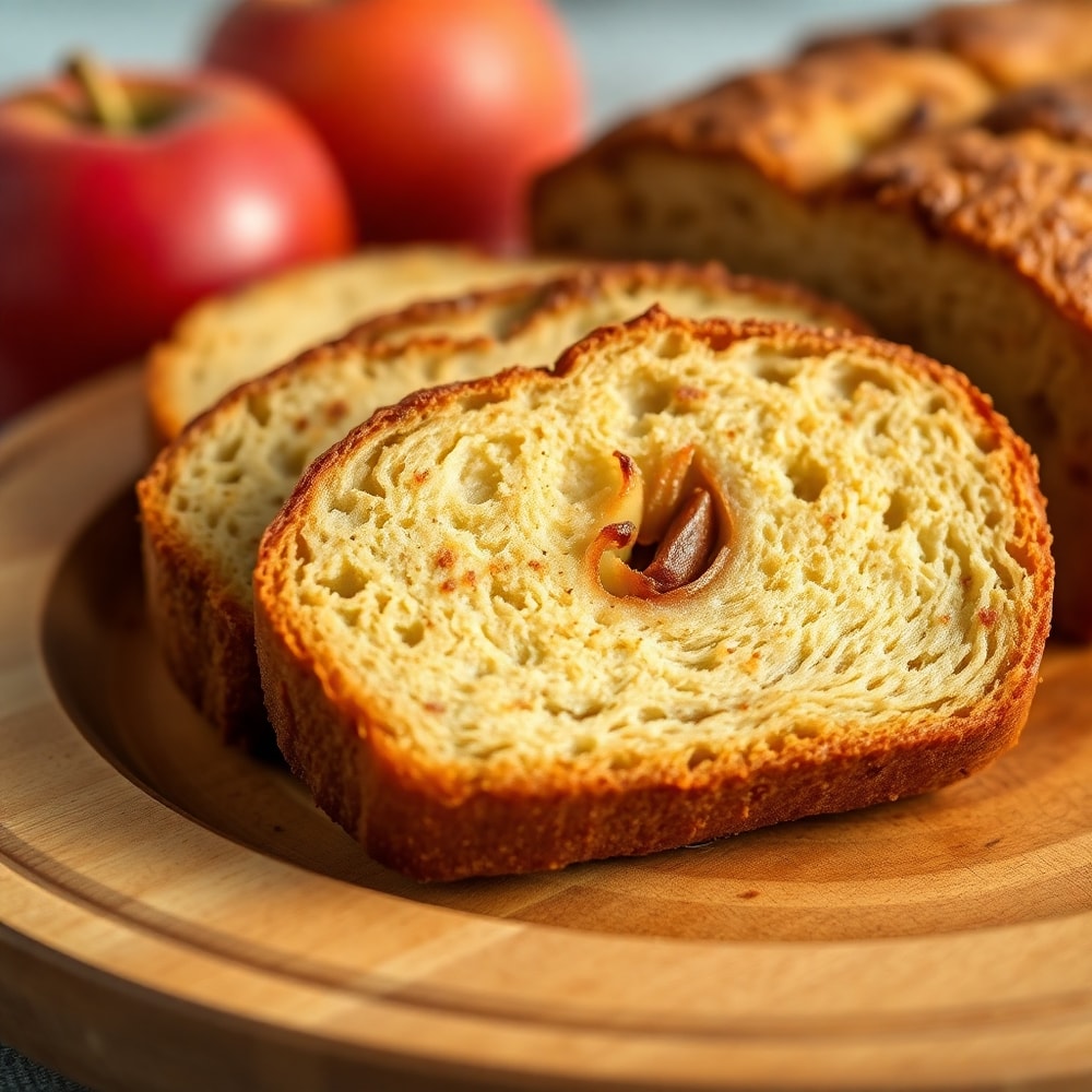 Sliced cinnamon apple bread on a wooden plate
