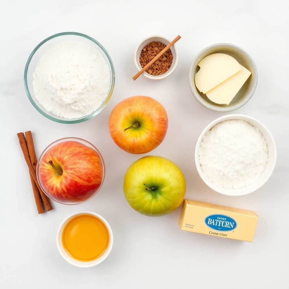 Raw ingredients for cinnamon apple bread: flour, sugar, apples, cinnamon, eggs
