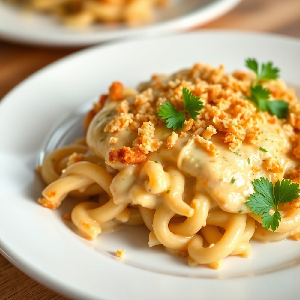 Plated serving of crack chicken pasta bake