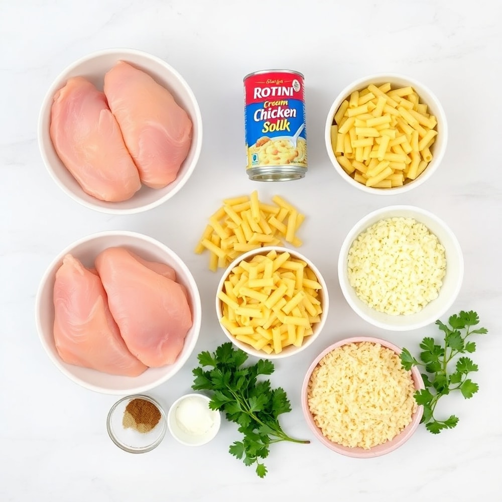 Raw ingredients for crack chicken pasta bake