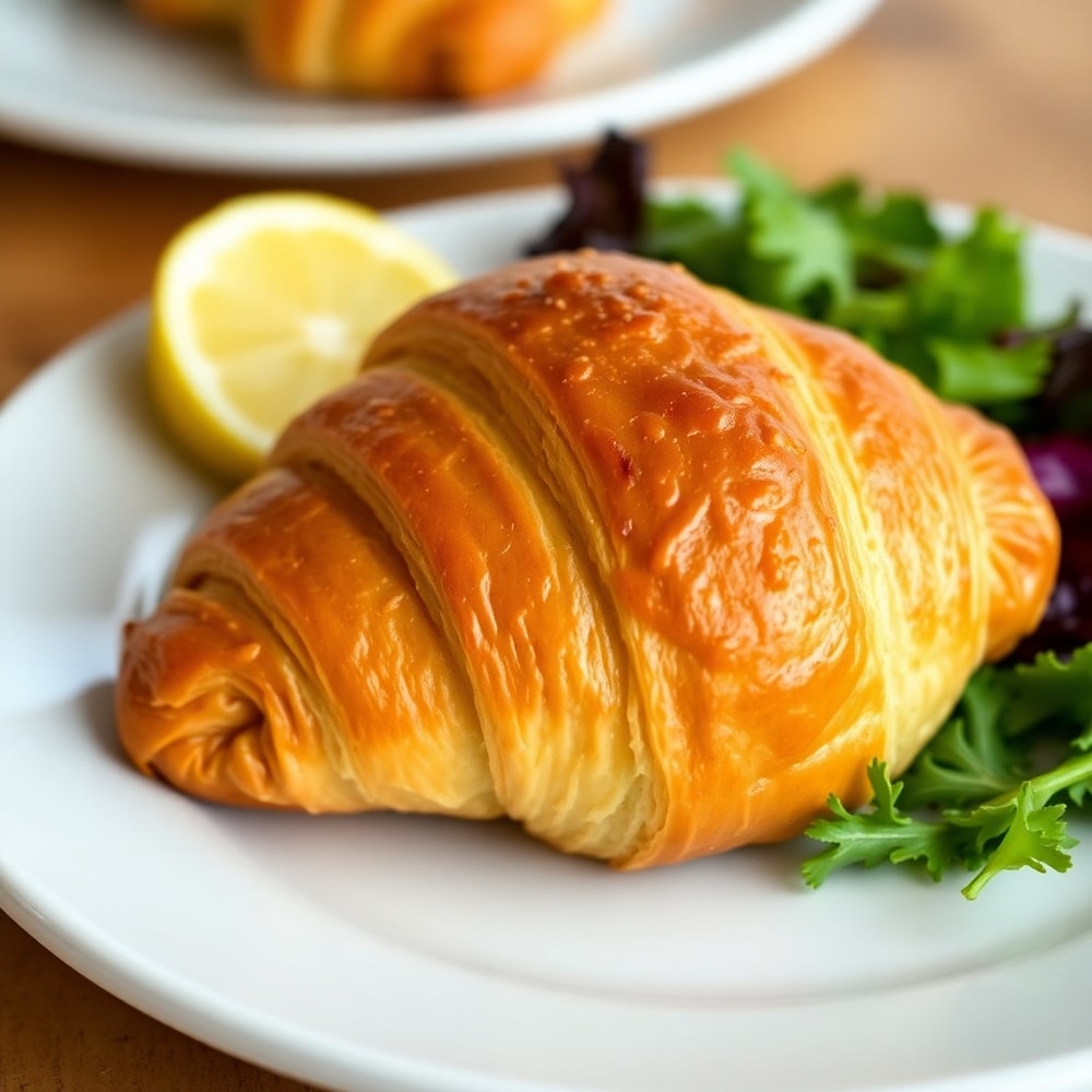 Plated Ham and Cheese Croissant with a side of mixed greens