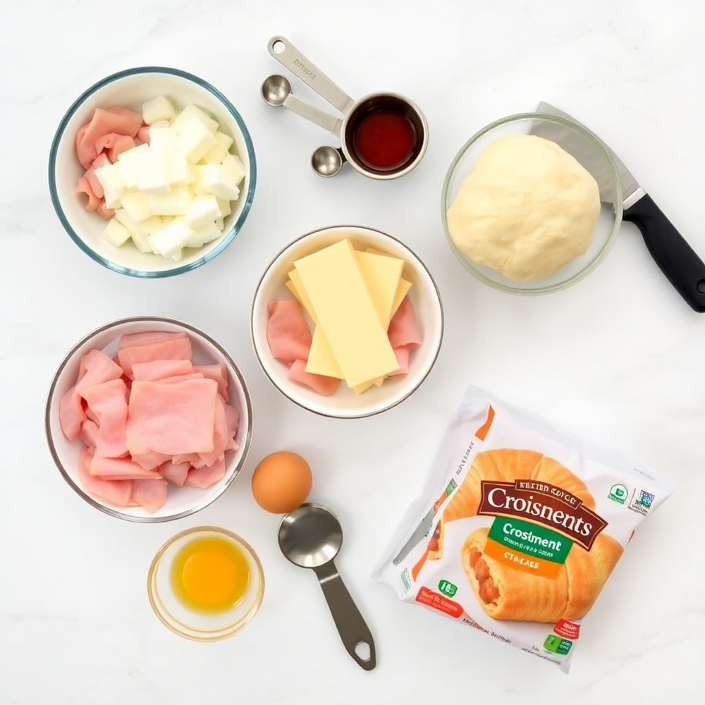 Ham, cheese, butter, and croissant dough on a marble surface