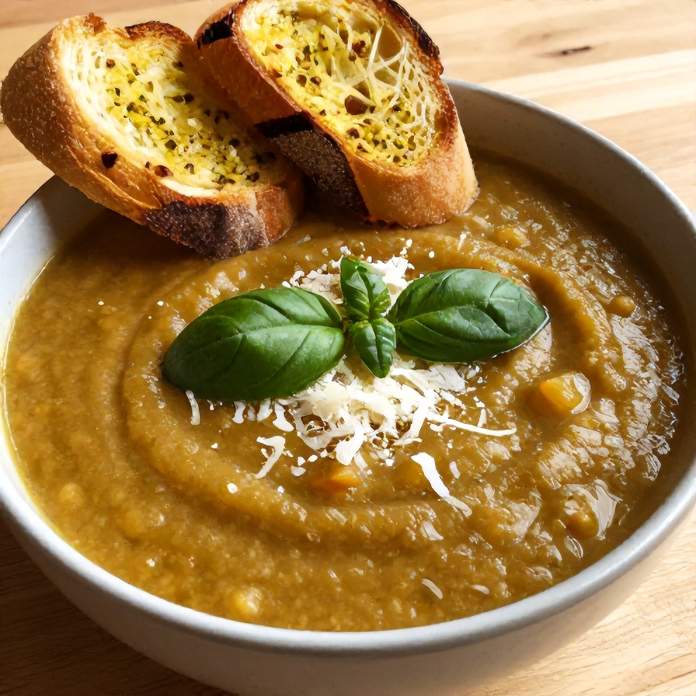 Bowl of pizza soup with garlic bread