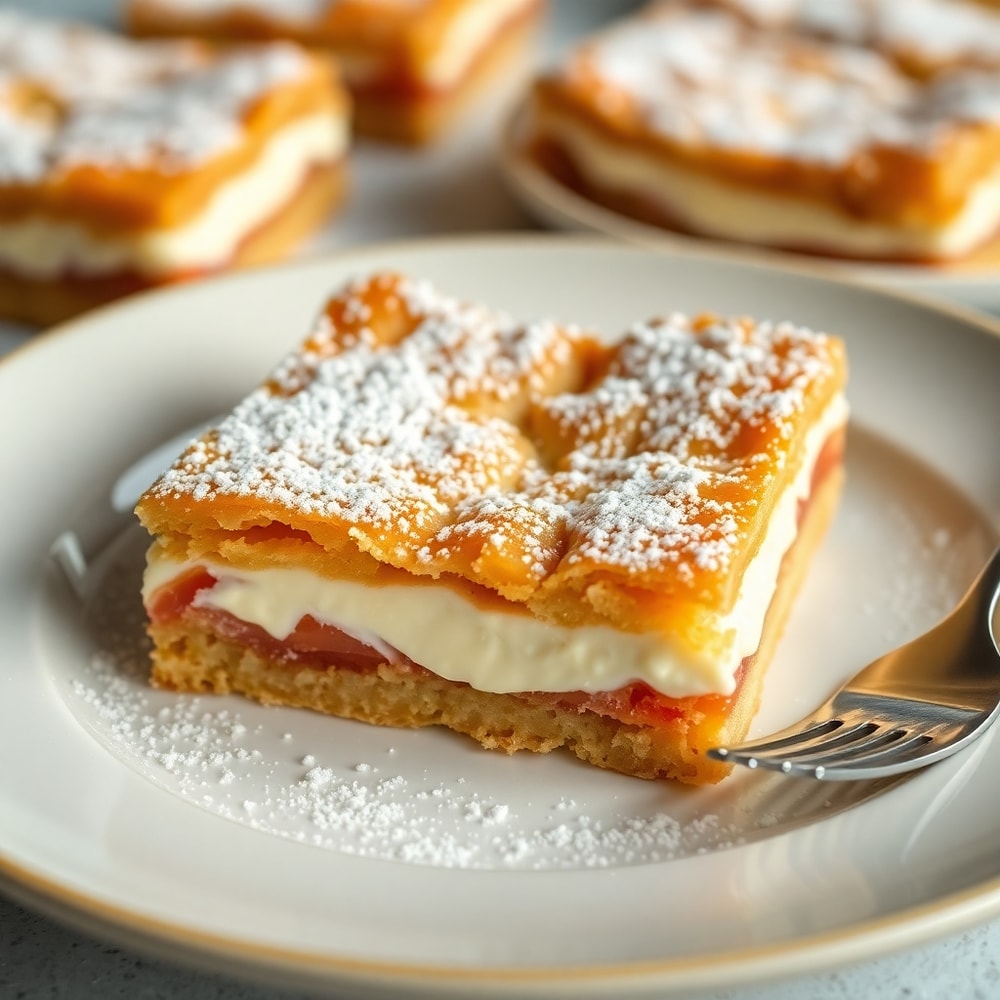 Plated Rhubarb Bars with Cream Cheese