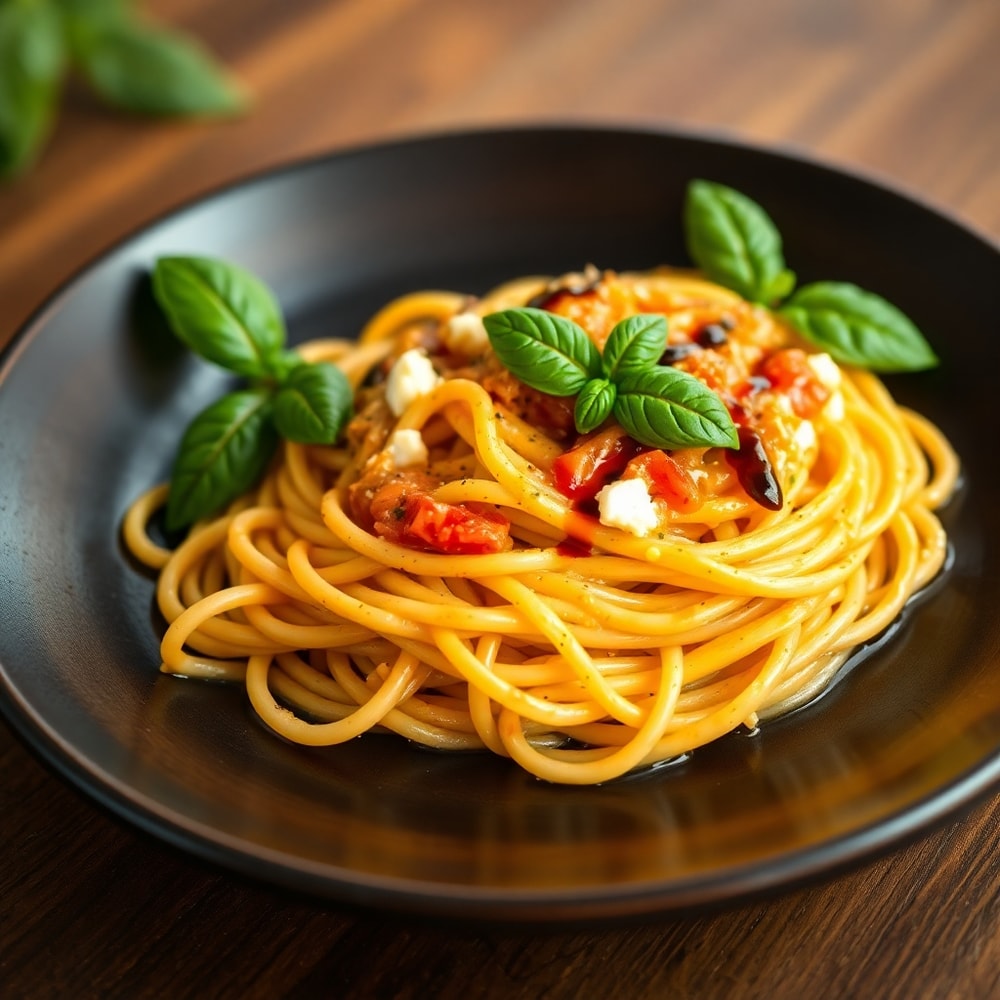 Plated Roasted Tomato and Garlic Ricotta Pasta