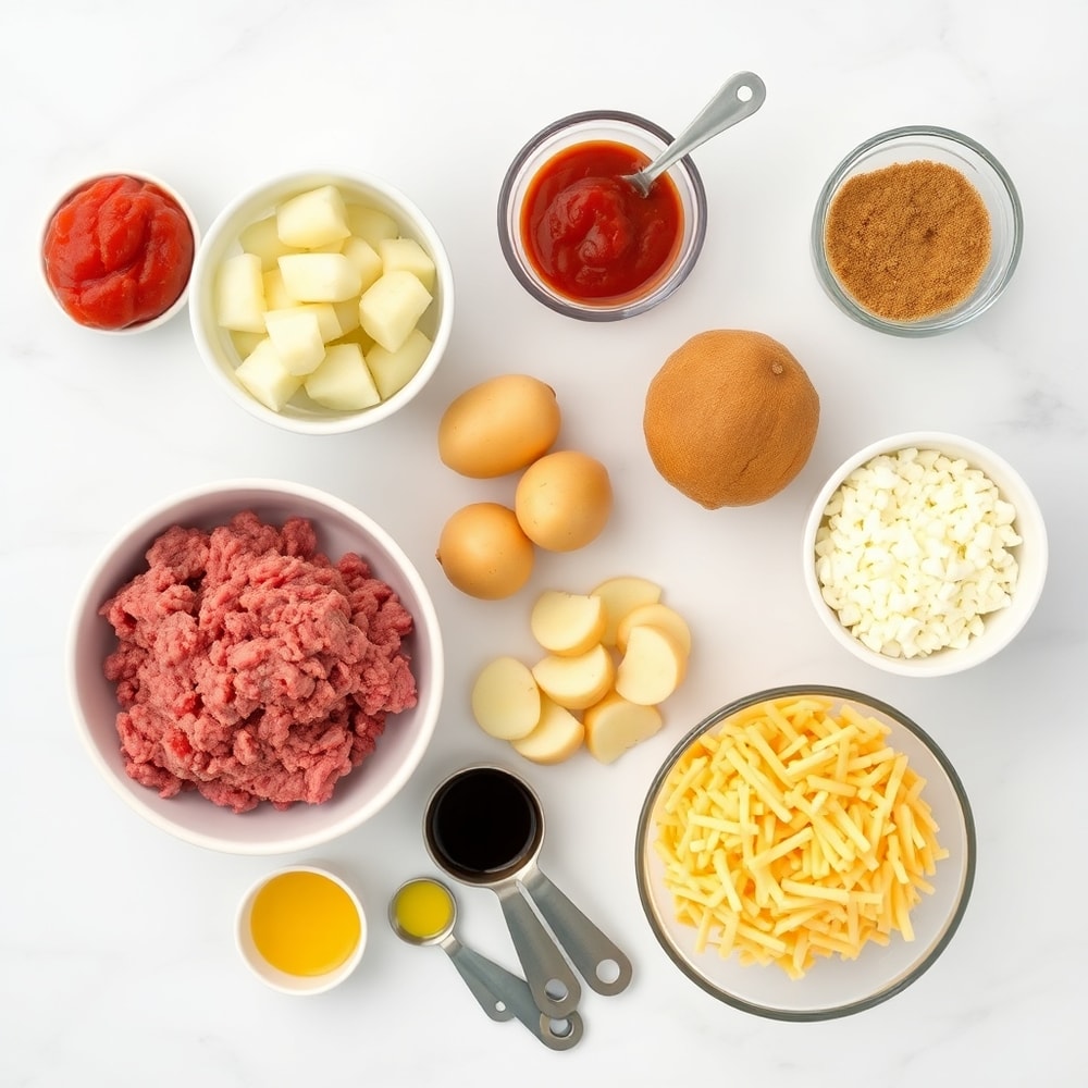 Raw ingredients for Sloppy Joe Potato Skillet arranged on a marble surface