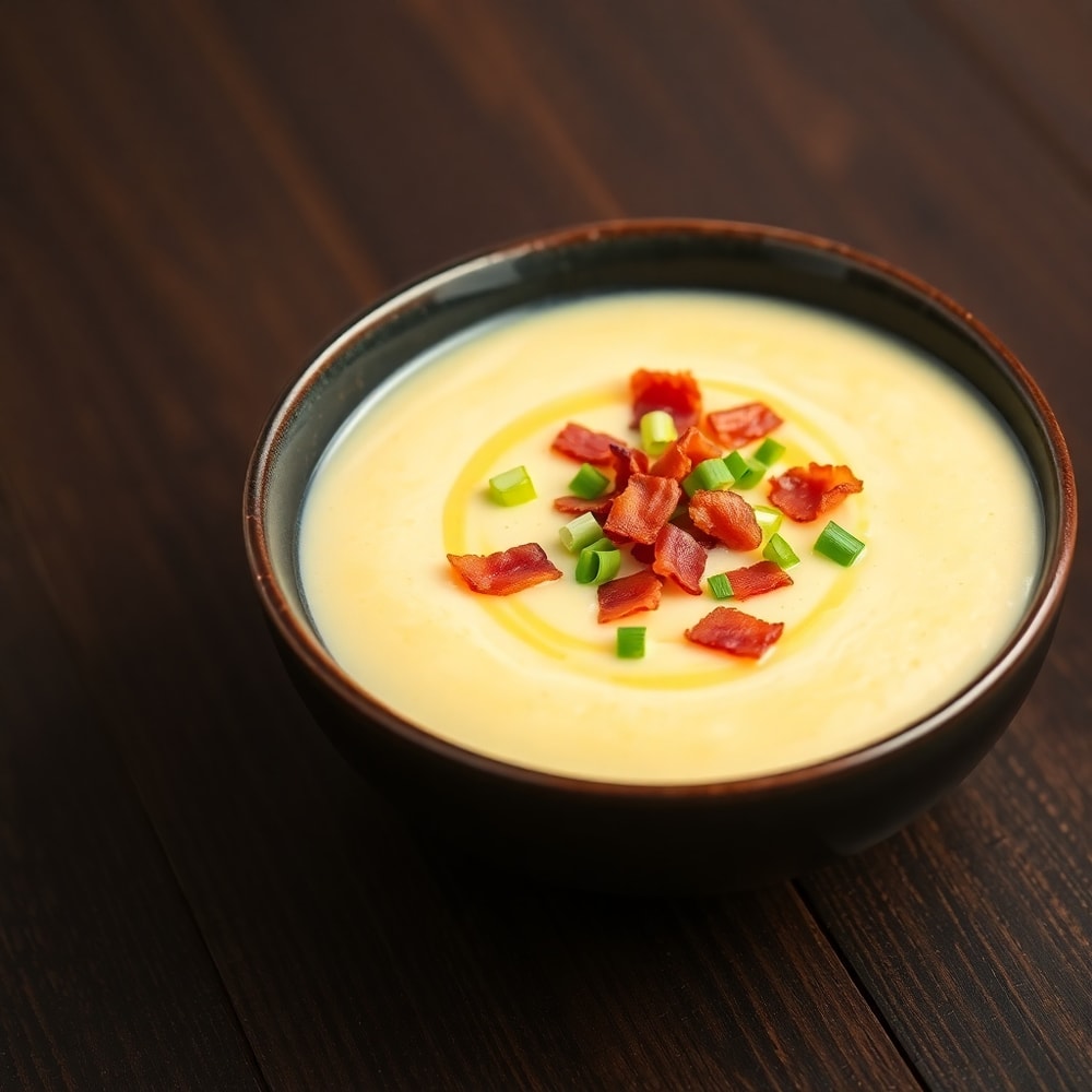 Bowl of creamy baked potato soup with bacon and green onions