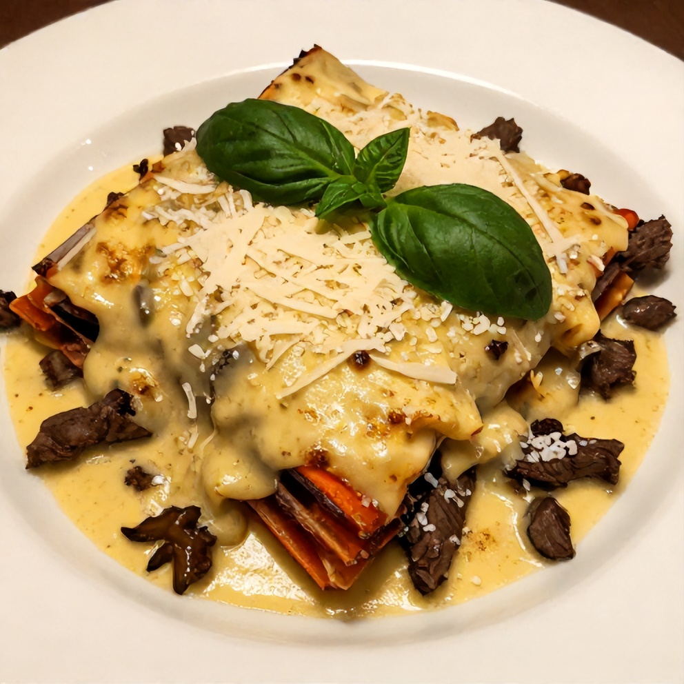 Plated serving of creamy beef lasagna