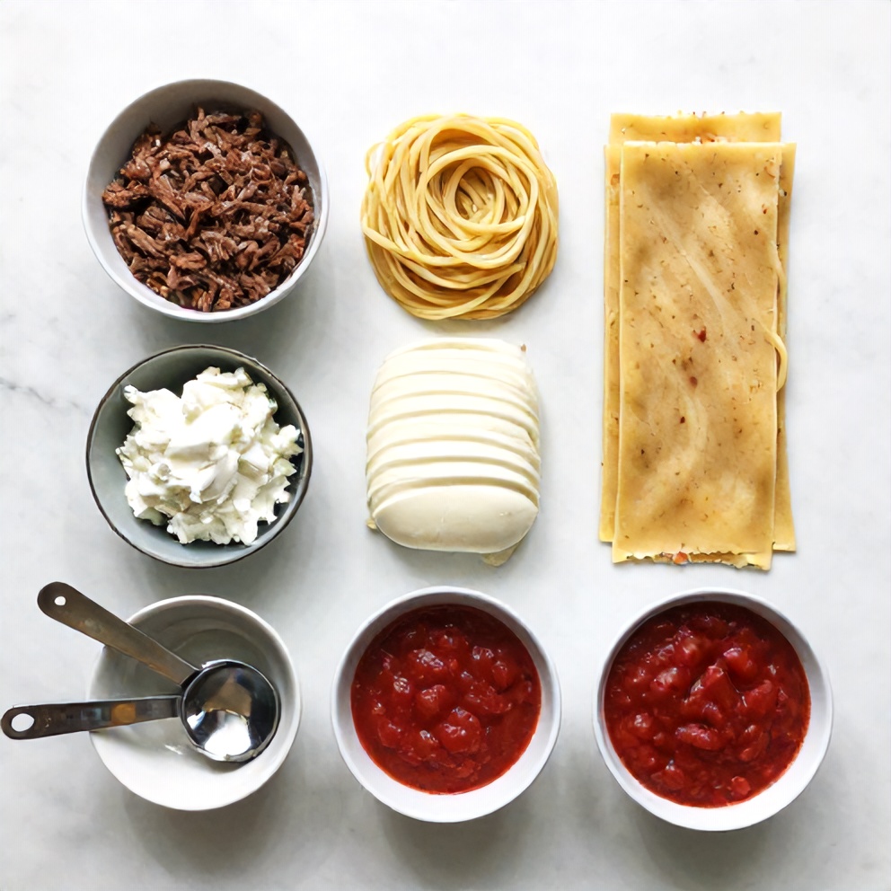 Raw ingredients for creamy beef lasagna