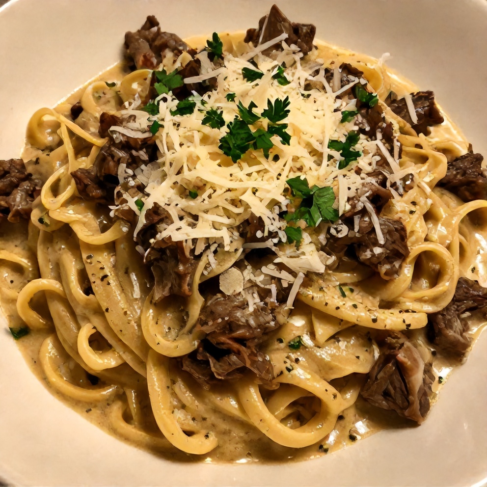 Plated creamy beef pasta with grated parmesan and fresh parsley