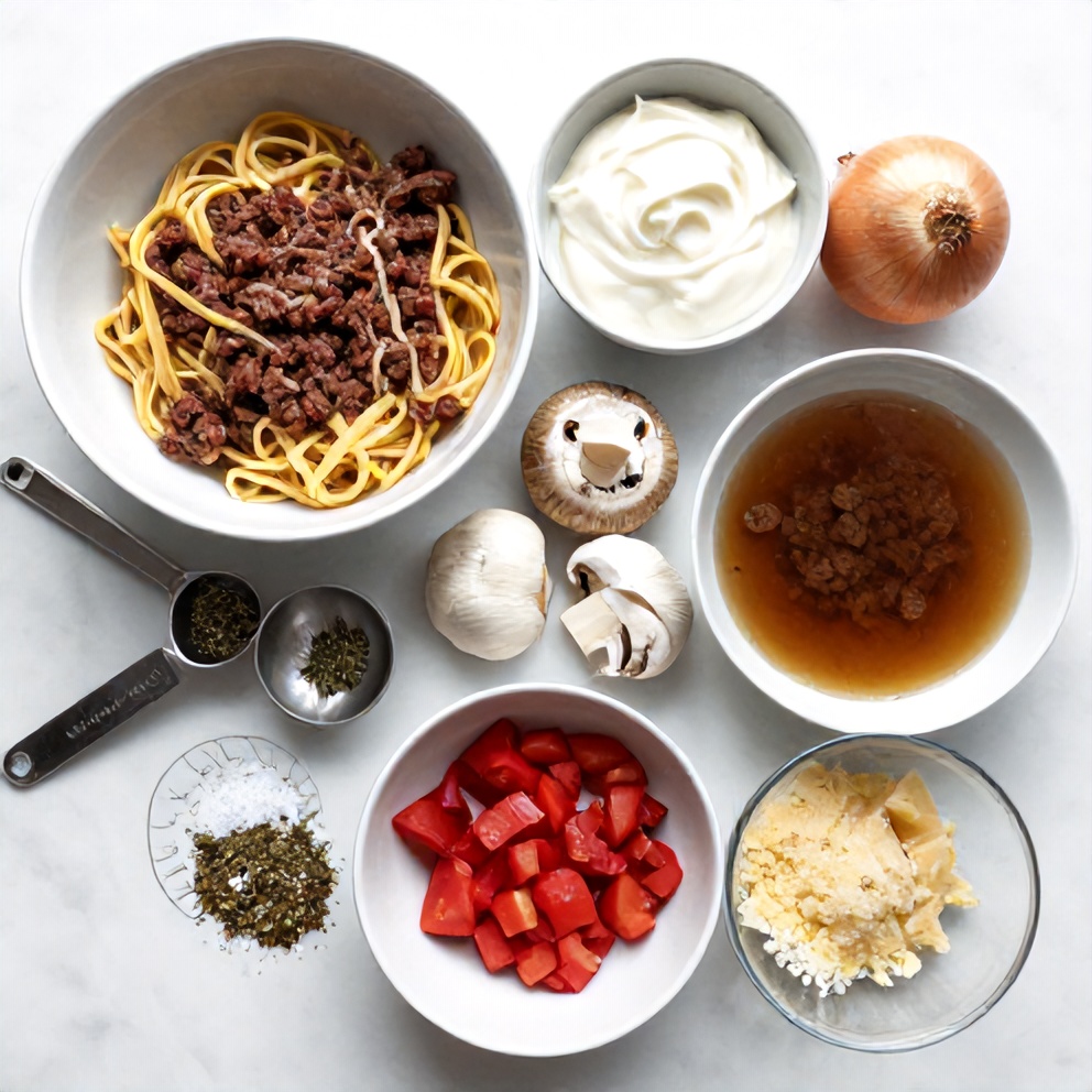 Raw ingredients for creamy beef pasta: ground beef, pasta, heavy cream, garlic, onions, mushrooms, and more