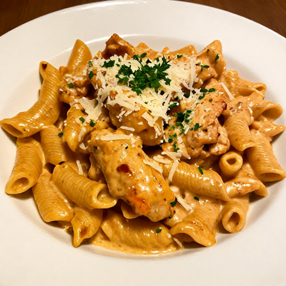 Plated Cajun Chicken Pasta with parsley garnish