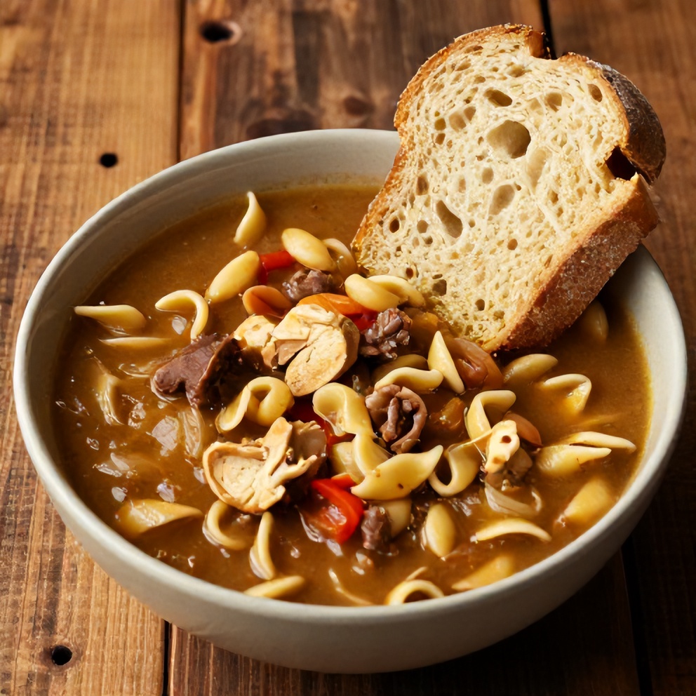 Bowl of Cajun Chicken Pasta Soup with crusty bread