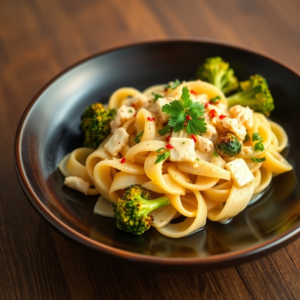 Plated serving of Creamy Chicken Bowtie Pasta with Roasted Broccoli and Havarti