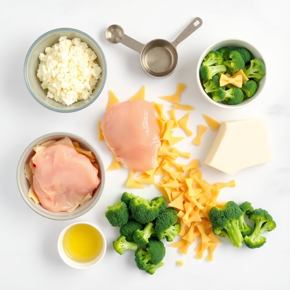 Raw ingredients for Creamy Chicken Bowtie Pasta with Roasted Broccoli and Havarti