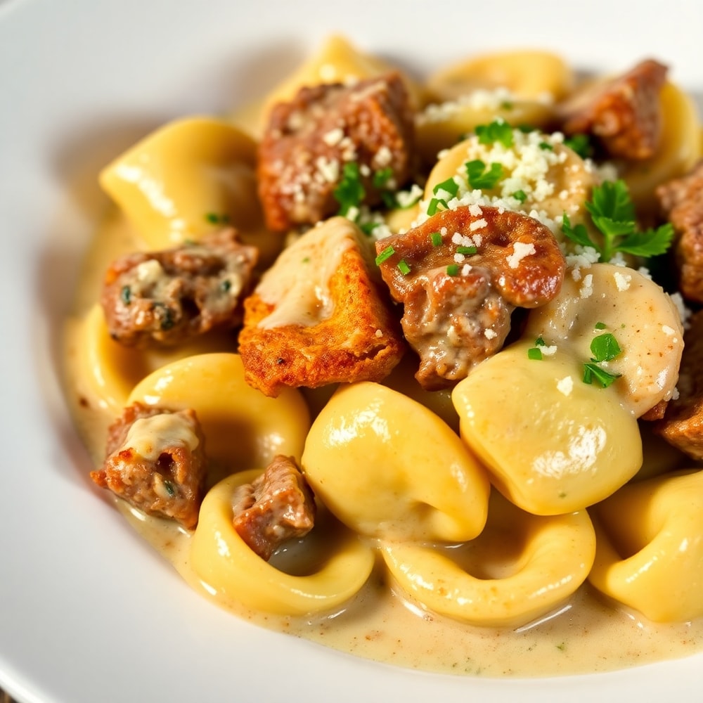 Plated creamy cracked garlic steak tortellini with parsley garnish