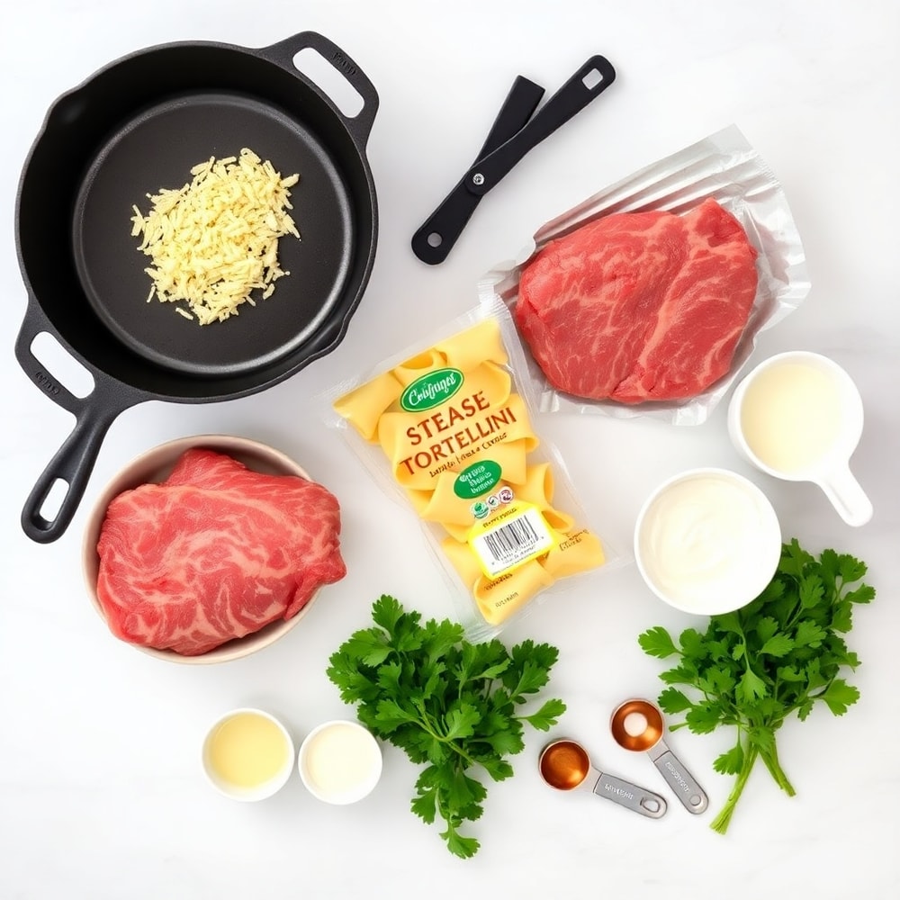 Raw ingredients for creamy cracked garlic steak tortellini