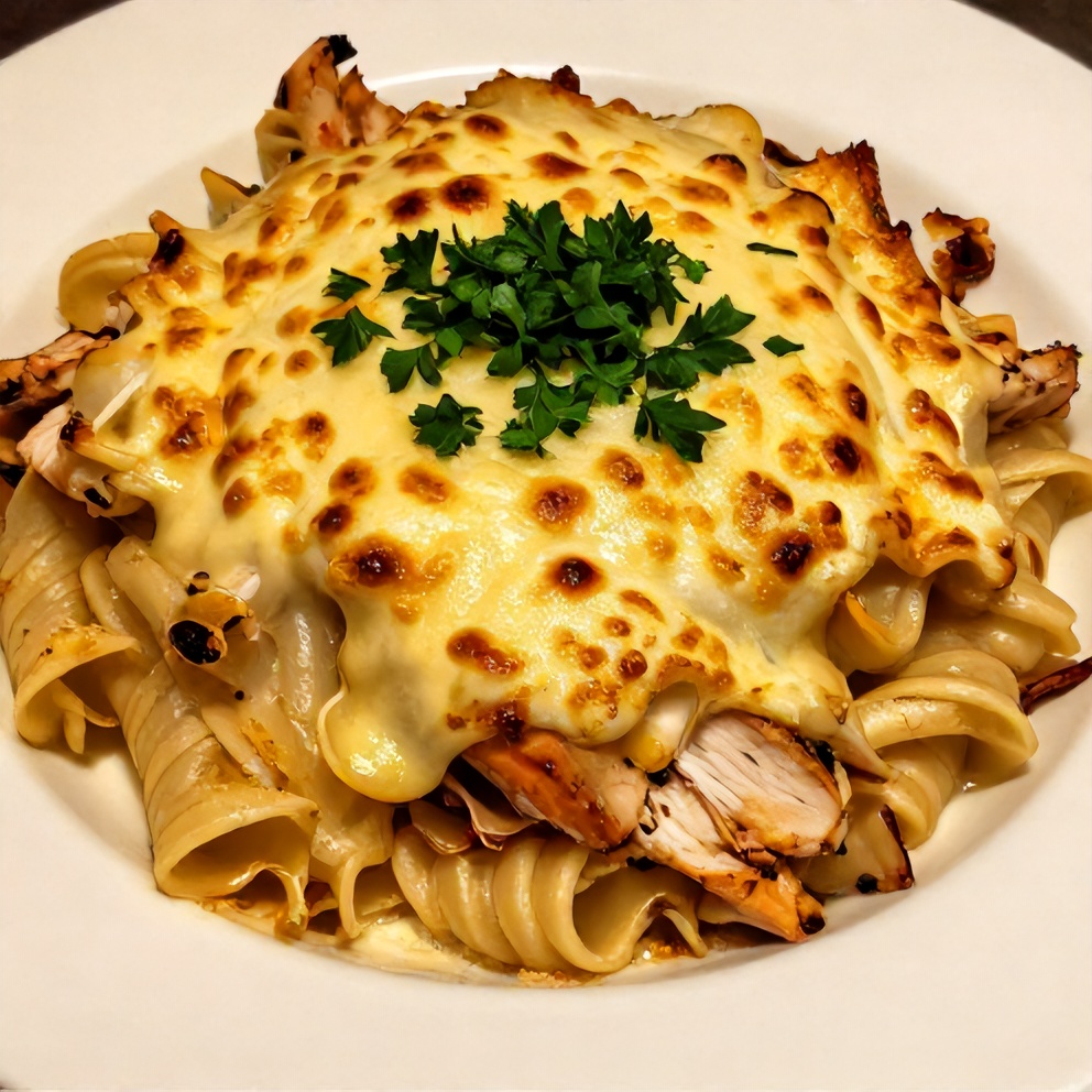 Plated serving of Creamy Garlic Parmesan Chicken Pasta Bake
