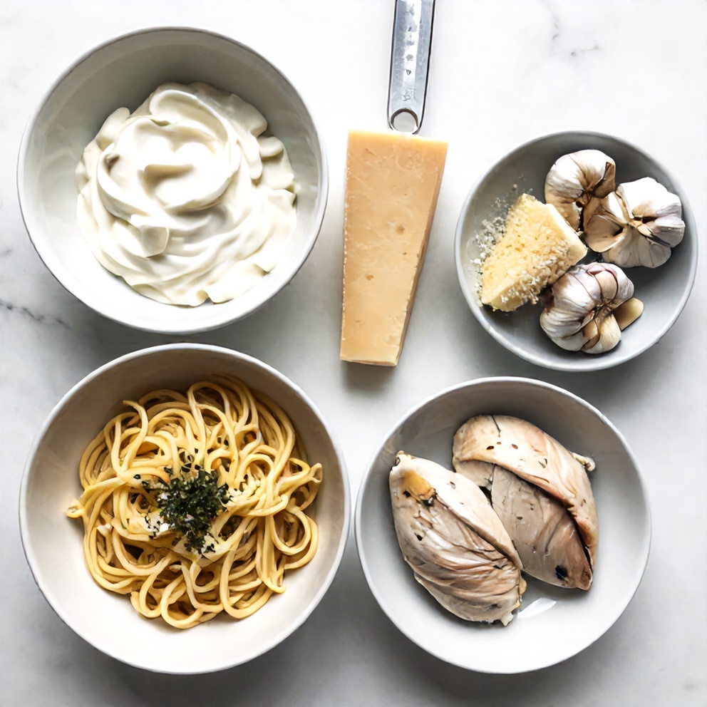 Raw ingredients for Creamy Garlic Parmesan Chicken Pasta Bake