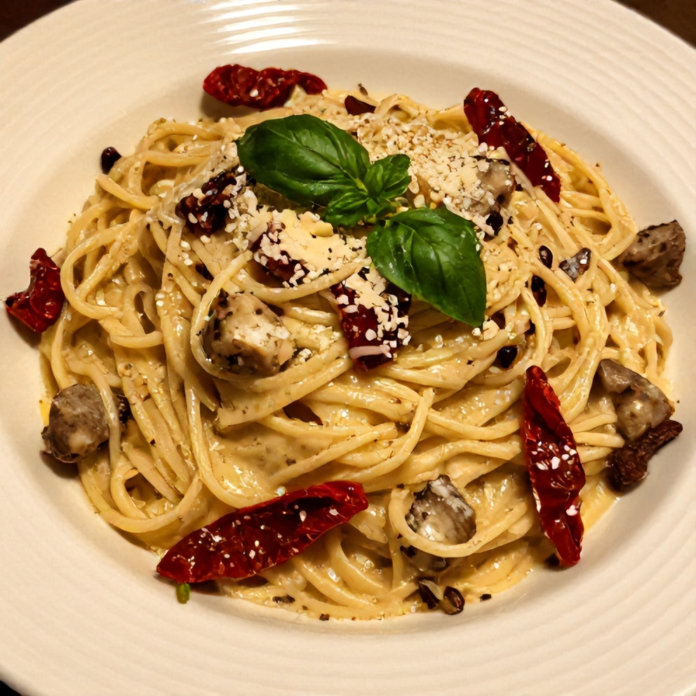 Plated Creamy Italian Sausage Pasta with Sun-Dried Tomatoes