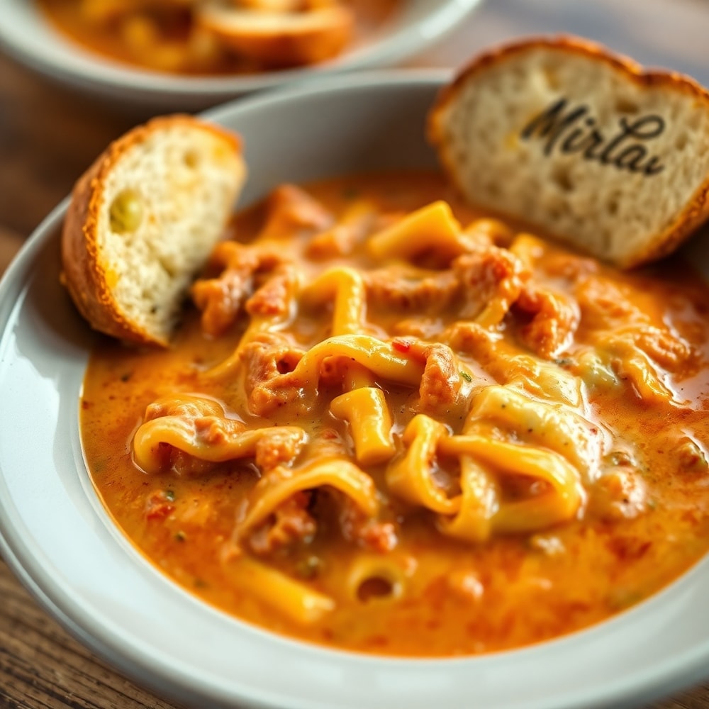 Bubbling creamy lasagna soup in a bowl with garlic bread