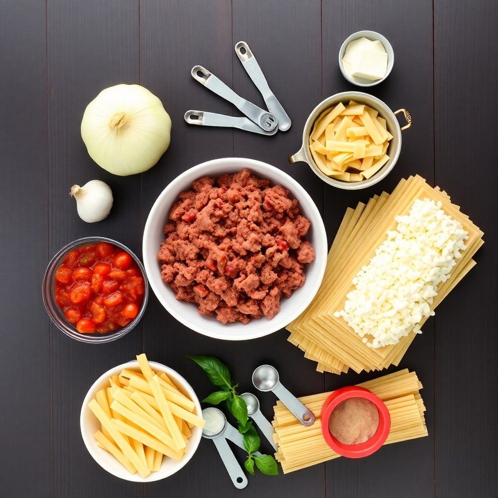 Raw ingredients for creamy lasagna soup on a wooden surface