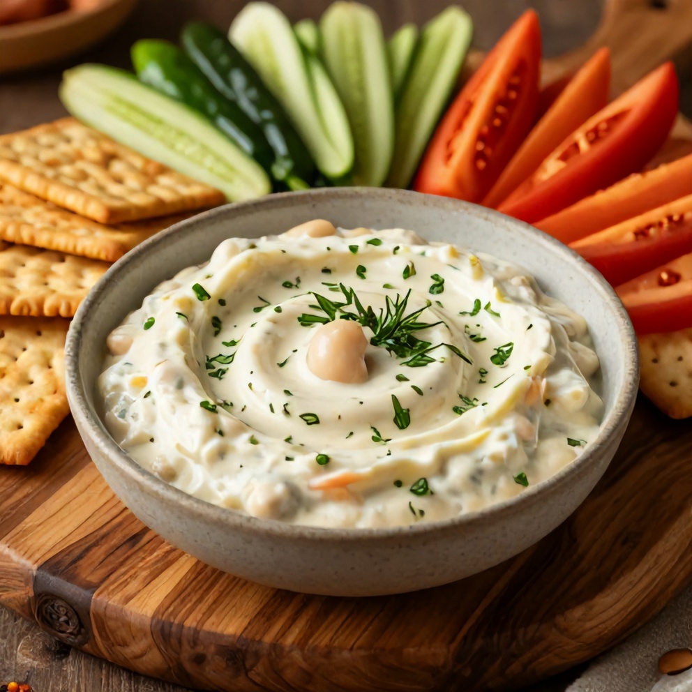 One perfect serving of Creamy Lemon Herb White Bean Dip plated on a rustic wooden board, surrounded by fresh veggies and crackers. Close crop, warm side lighting highlighting creamy texture and fresh herbs on top.