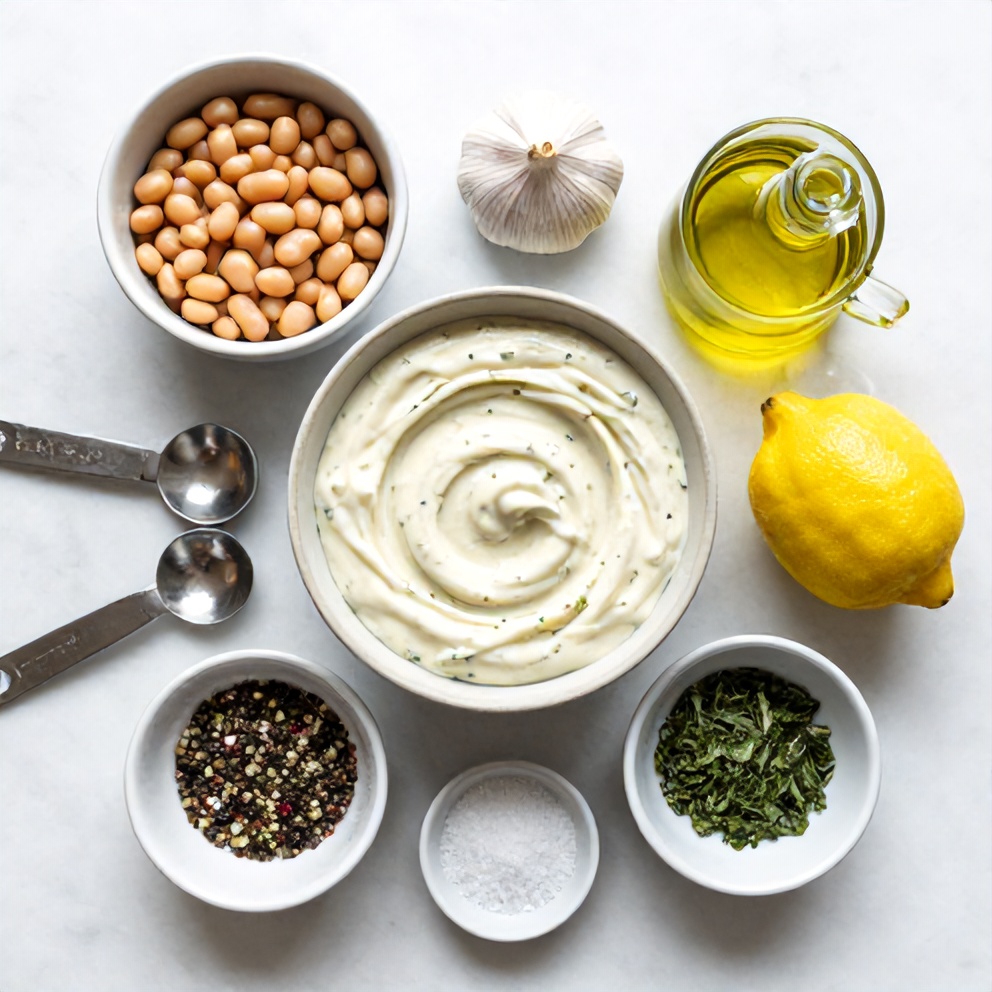 Raw ingredients for Creamy Lemon Herb White Bean Dip arranged as an overhead flat lay: canned white beans, garlic, lemon, olive oil, salt, pepper, fresh herbs. Small prep bowls, measuring spoons, and measuring cups visible. White marble surface, bright even natural light.