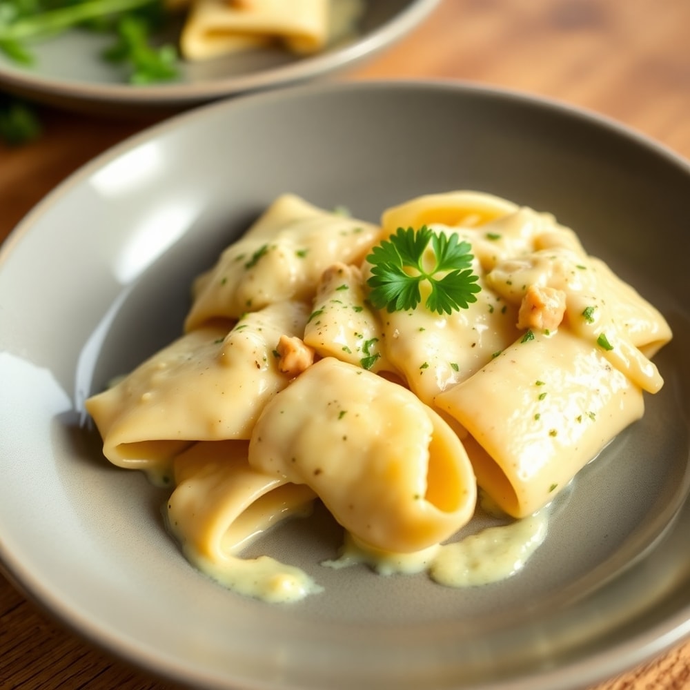 Plated Mozzarella Garlic Butter Chicken Bowties