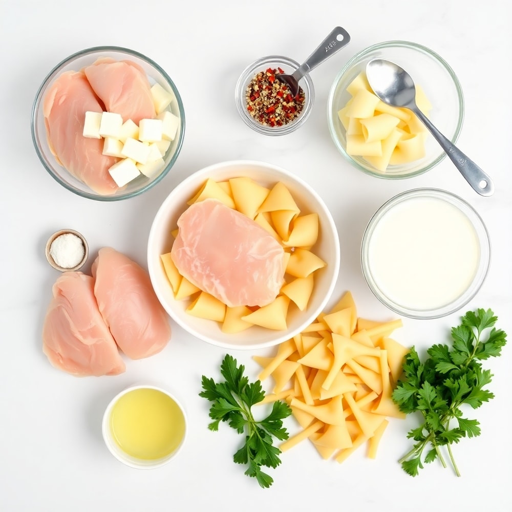 Raw Ingredients for Creamy Mozzarella Garlic Butter Chicken Bowties