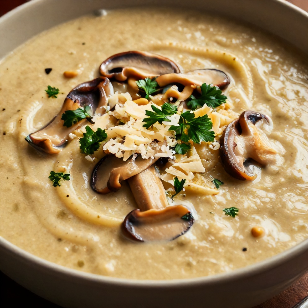 Finished Creamy Mushroom Pasta Soup with Fresh Herbs and Parmesan
